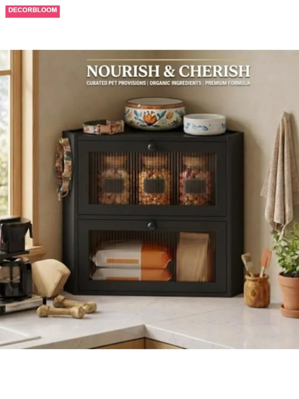 2 Tier Bamboo Corner Bread Box for Kitchen Countertop